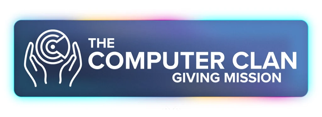 Computer Clan Giving Mission banner with colorful glow and two illustrated hands holding the Computer Clan logo.